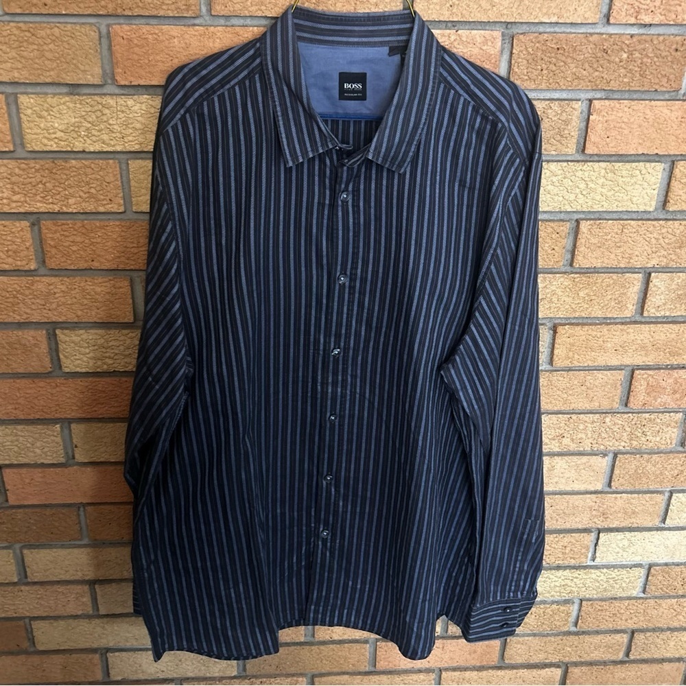 BOSS Hugo Boss Blue Striped Button Down Dress Shirt Long Sleeve Shirt Size 2XL